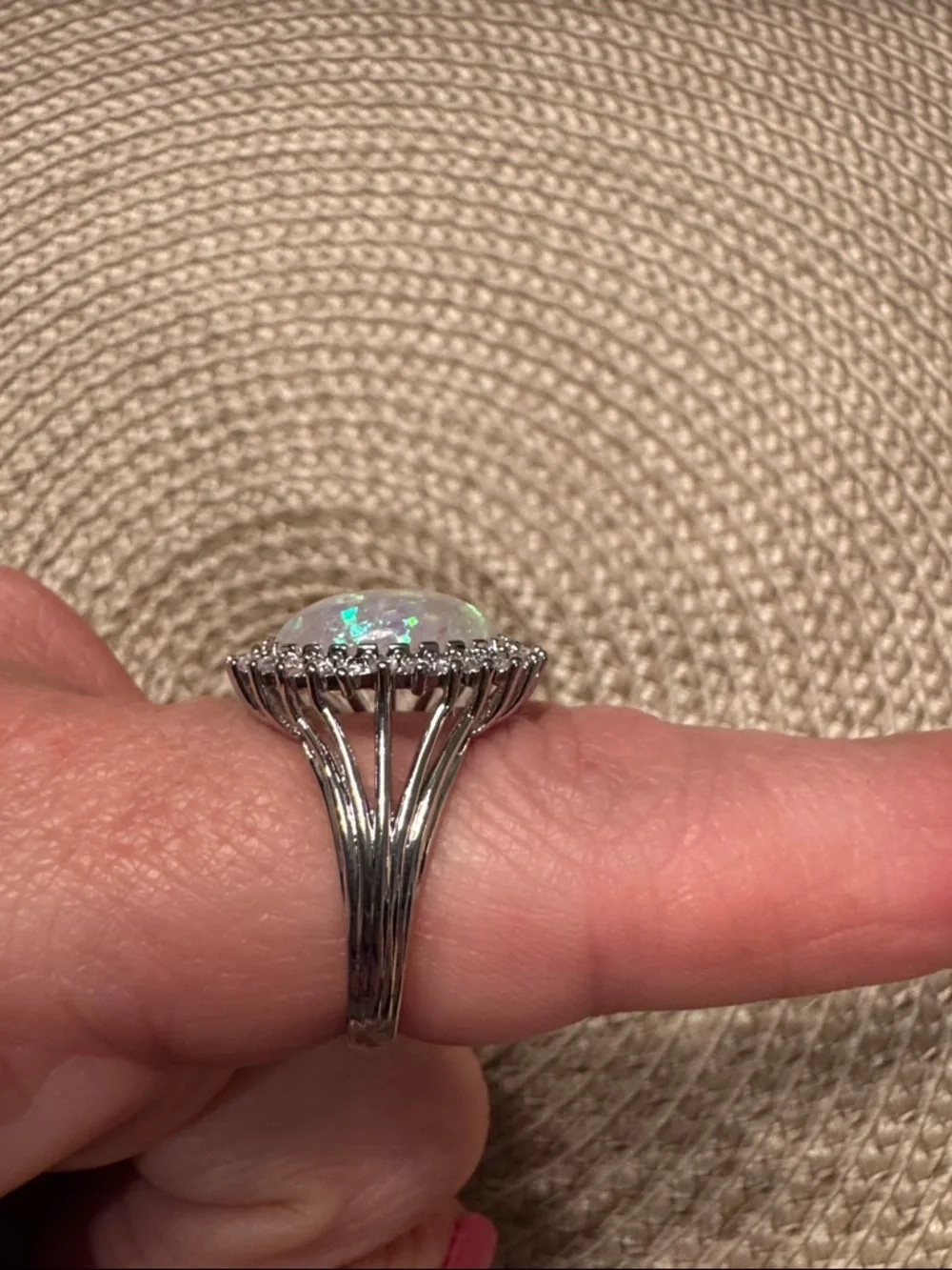 White Opal & Cubic Zirconia Halo Ring sz9 - Picture 3 of 4